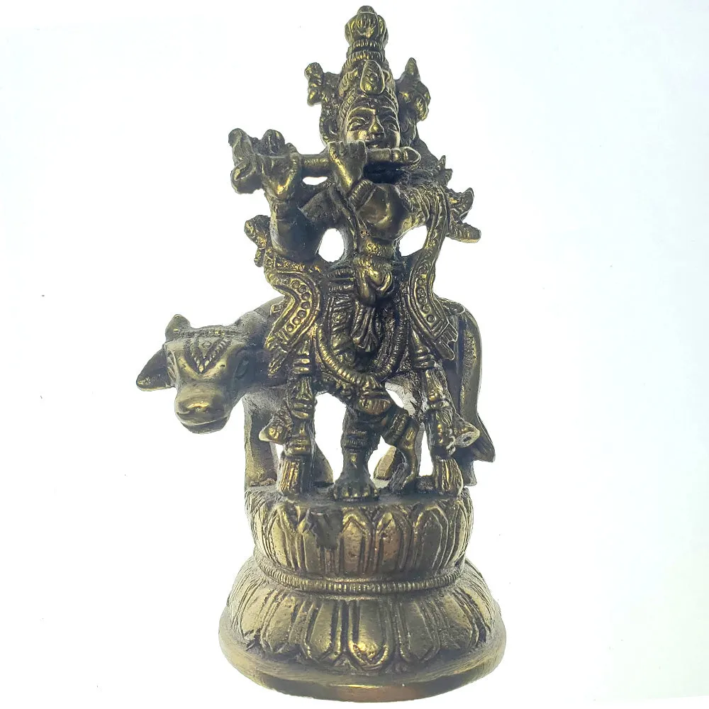 Small Lord Krishna Kishan Kanha with Kamdhenu Cow Murti Idol Statue Sculpture Brass Statue