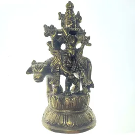 Small Lord Krishna Kishan Kanha with Kamdhenu Cow Murti Idol Statue Sculpture Brass Statue