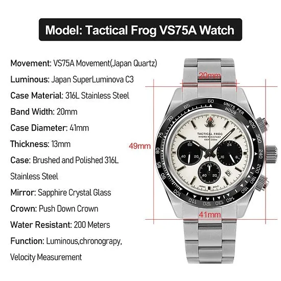 Tactical Frog Divers Paradise 200 Meters Waterproof Chronograph Solar Quartz Seiko VS75B Movement Sapphire Luminous Sport Wrist Watch For Man