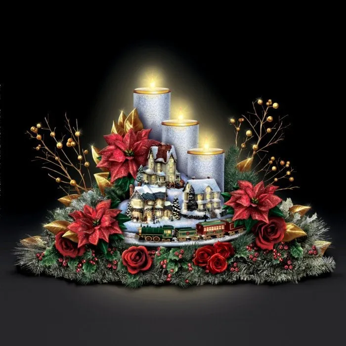 The Bradford Exchange Thomas Kinkade Always In Bloom - Lights Of The Holidays Musical Table Centerpiece Illuminated Village Sculpture, Flameless Candles And Moving Train