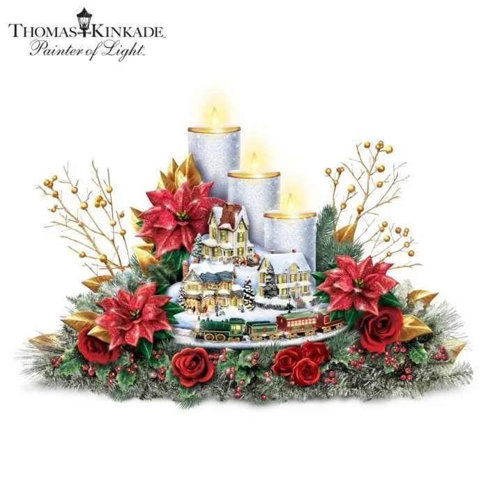 The Bradford Exchange Thomas Kinkade Always In Bloom - Lights Of The Holidays Musical Table Centerpiece Illuminated Village Sculpture, Flameless Candles And Moving Train