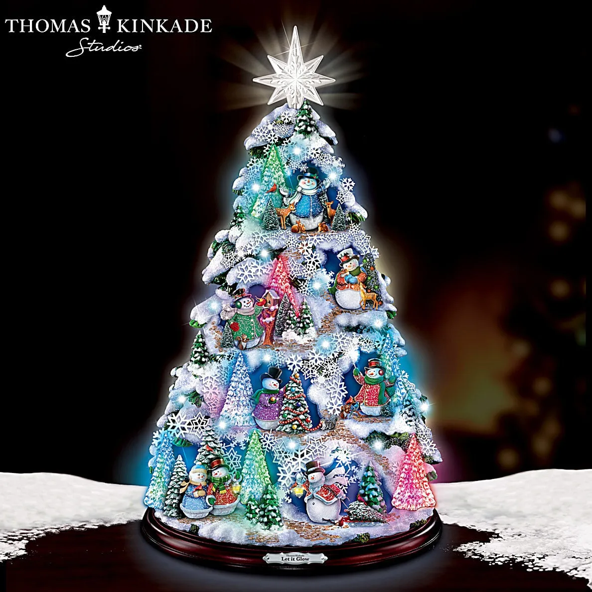 The Bradford Exchange Thomas Kinkade Let It Glow Tabletop Christmas Tree Features 10 Snowman Sculptures and Color Changing LED Lights Plays 8 Christmas Carol Melodies Includes 24hr Timer 12"-Inches