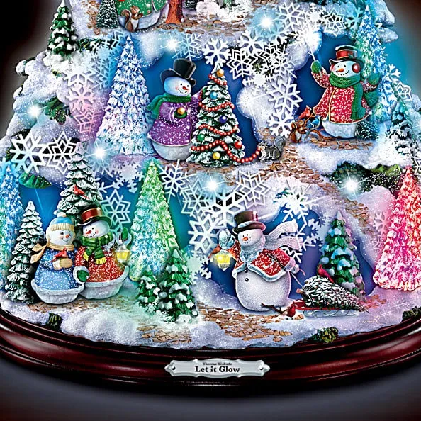 The Bradford Exchange Thomas Kinkade Let It Glow Tabletop Christmas Tree Features 10 Snowman Sculptures and Color Changing LED Lights Plays 8 Christmas Carol Melodies Includes 24hr Timer 12"-Inches