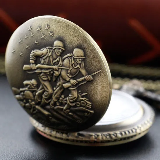 United States of America War Memorial Soldier Emblem Bronze Quartz Movement Pocket Watch