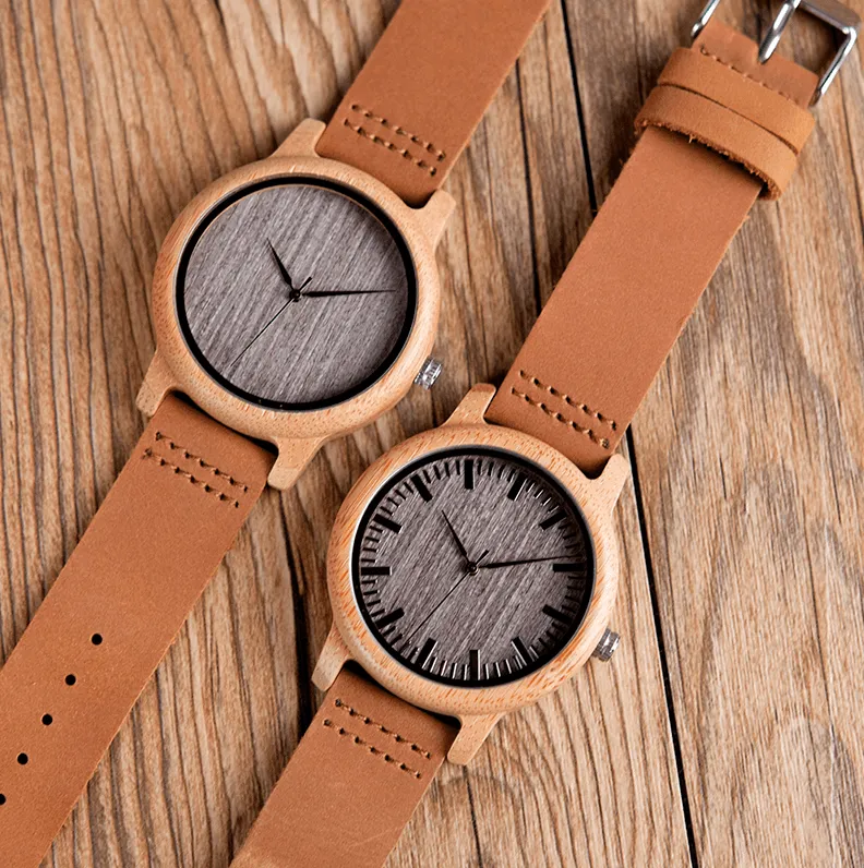 Vintage Round Bamboo Wooden Quartz Watch With Leather Bands
