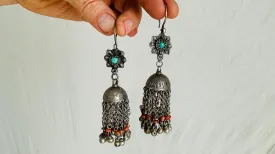 Vintage Uzbek Earrings. Jhumkas with Turquoise and Coral Earrings. Handmade Sterling Silver. 2532